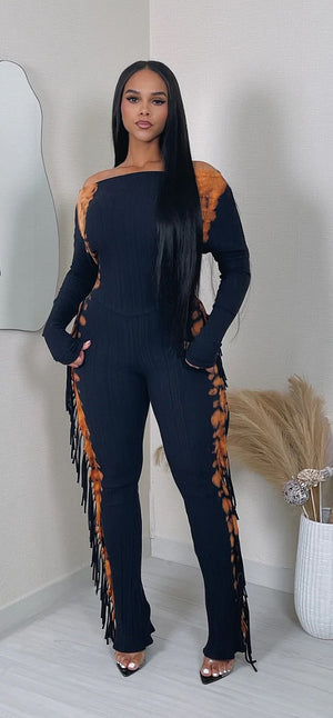 BLEACHED 2-TONE SIDE FRINGE JUMPSUIT