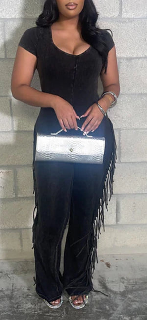 MINERAL WASH FRINGE JUMPSUIT