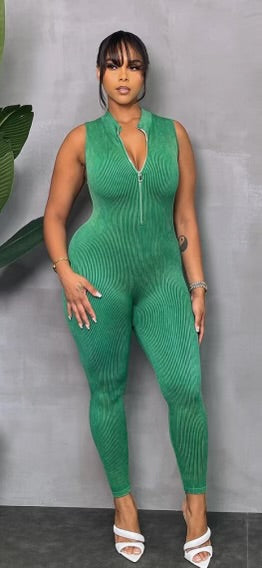 MINERAL WASH RIBBED ZIPPER CATSUIT