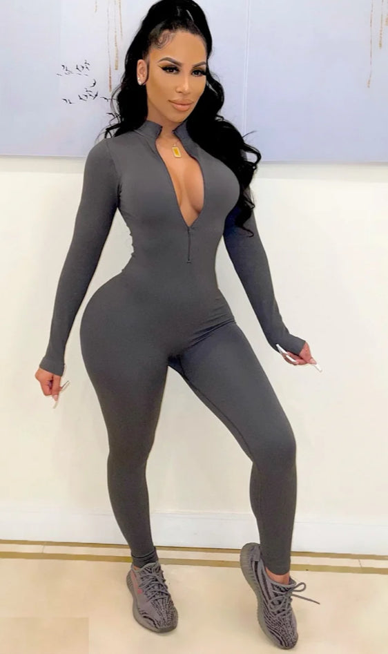 SEAMLESS RIBBED ZIPPER FITTED JUMPSUIT