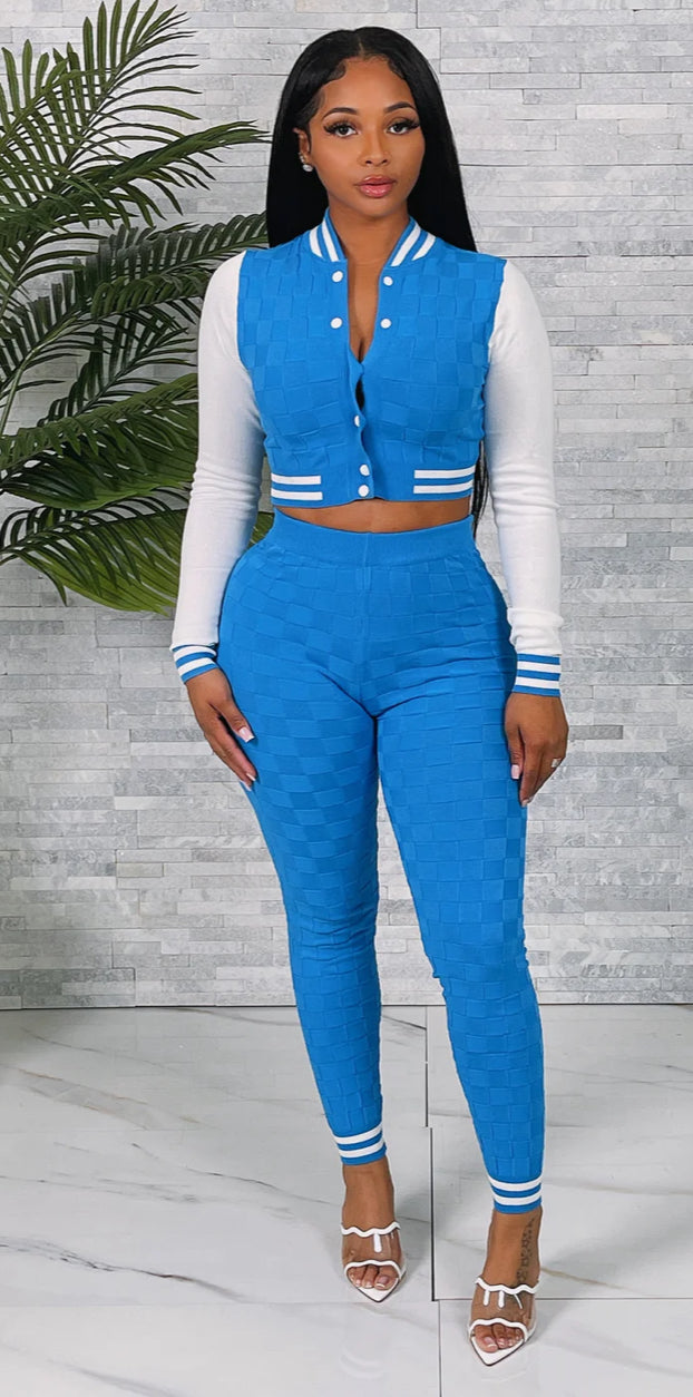 TEXTURED KNIT VARSITY TOP & PANTS SET