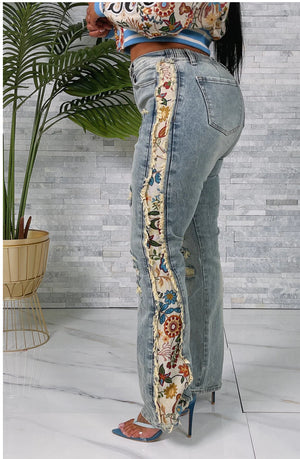 TAPESTRY SIDE DENIM JEANS