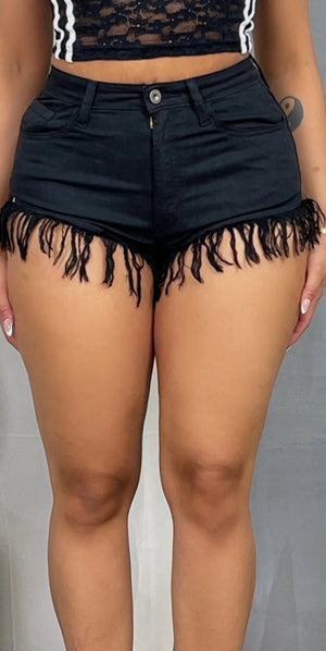 FRINGED DENIM MINI SHORTS