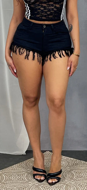 FRINGED DENIM MINI SHORTS