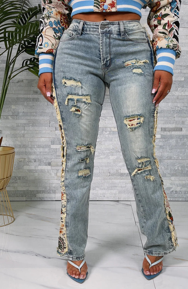 TAPESTRY SIDE DENIM JEANS