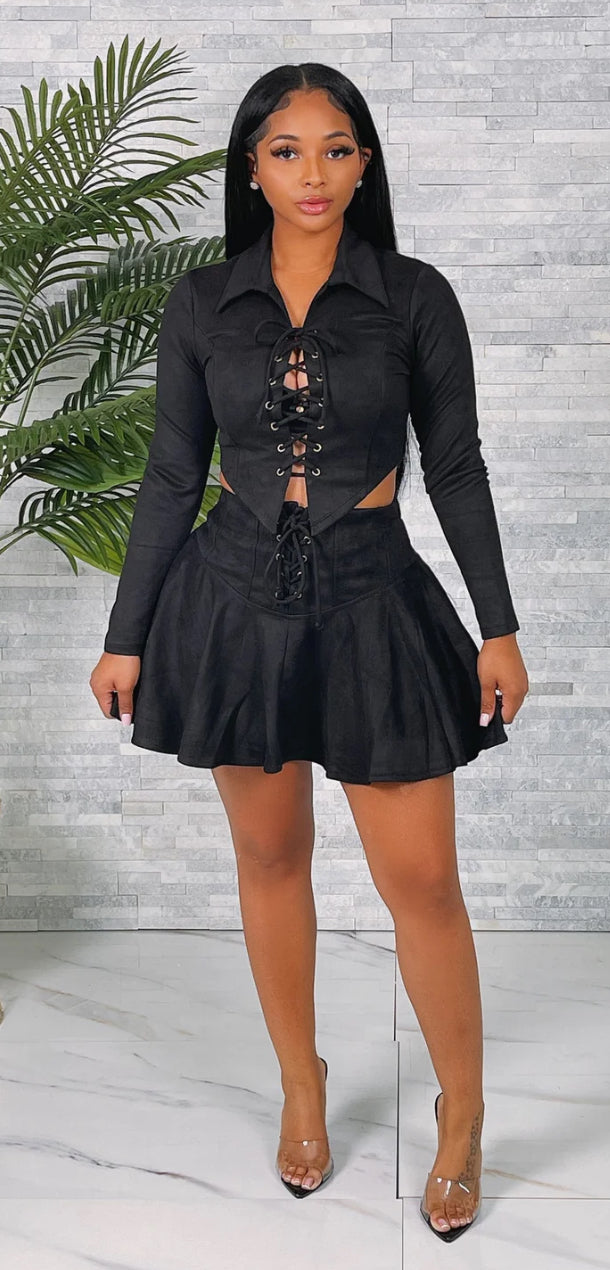 SUEDE LACE UP TOP & SKIRT SET (PREORDER)