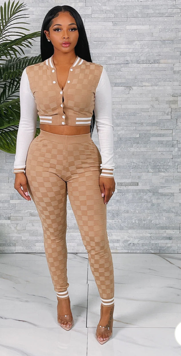 TEXTURED KNIT VARSITY TOP & PANTS SET