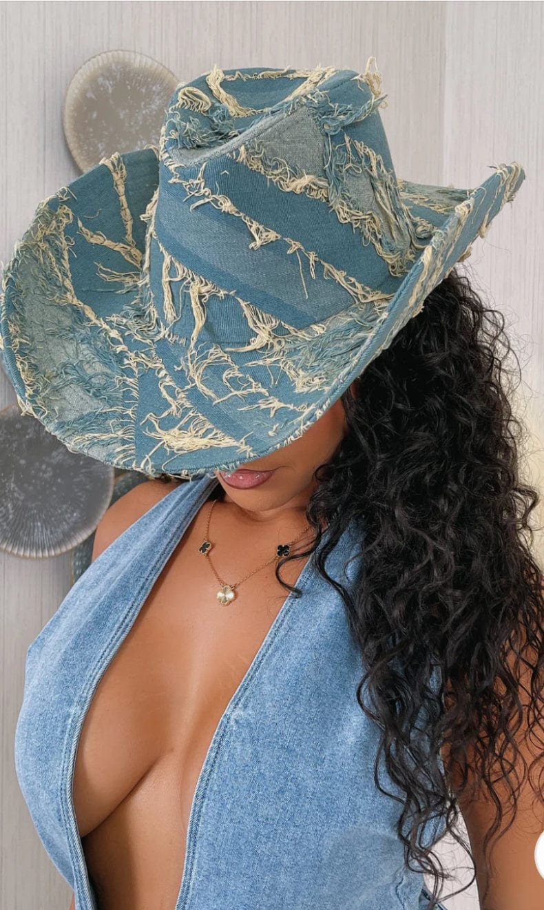 F.A.S.T Boutique Blue/one size DENIM DISTRESSED COWBOY HAT
