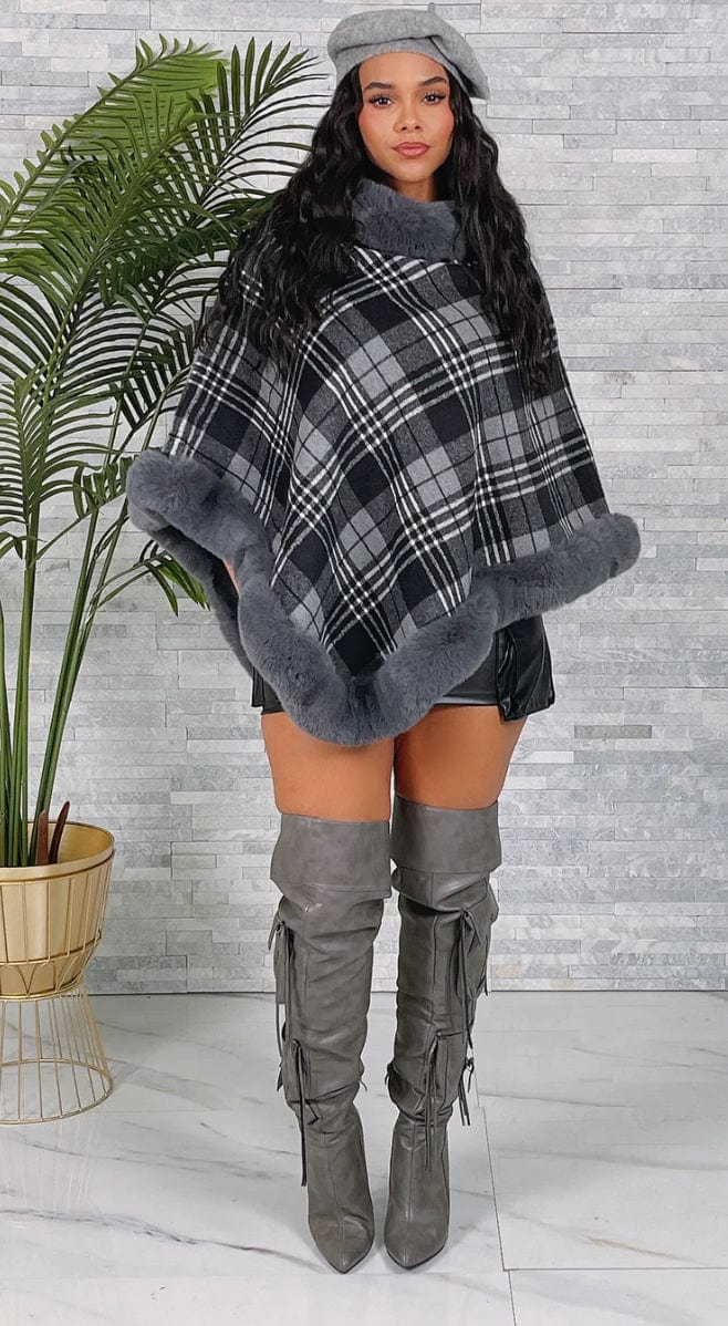 F.A.S.T Boutique CHECKERED FUR PONCHO (OS)