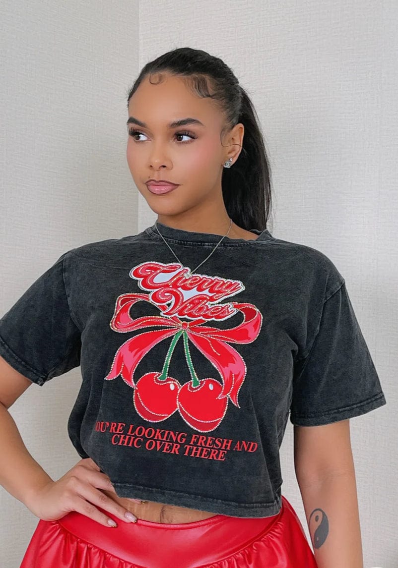 F.A.S.T Boutique CHERRY RHINESTONE CROP TSHIRT