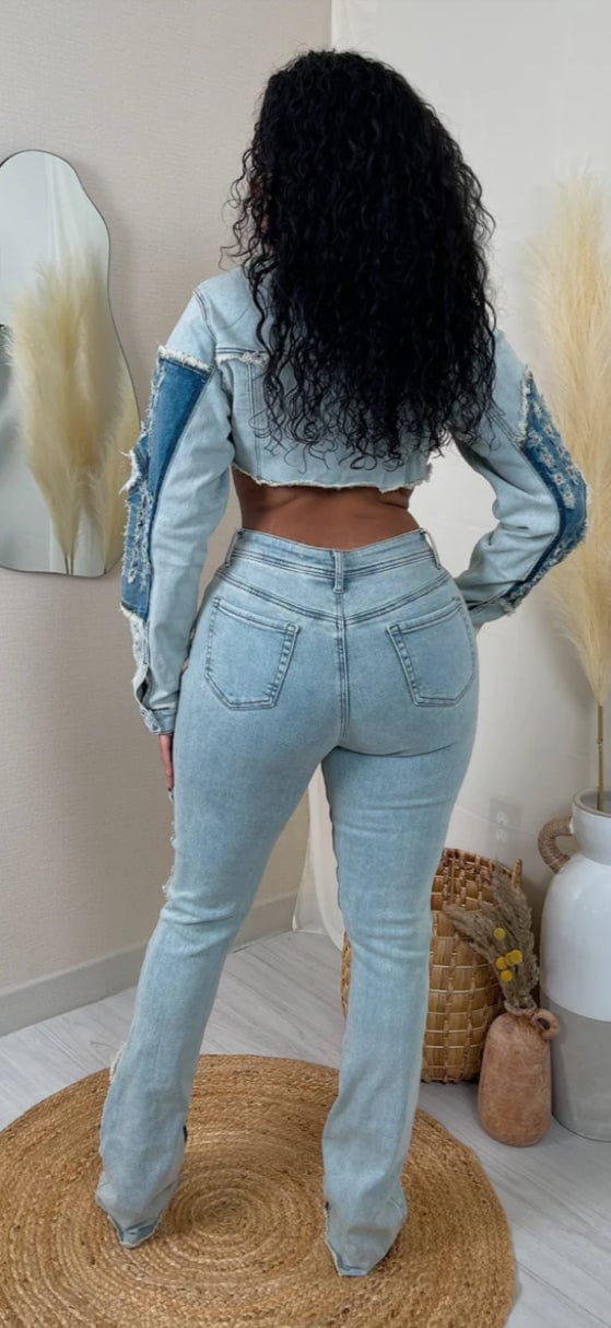 F.A.S.T Boutique DENIM DISTRESSED JACKET & STACKED JEANS SET(Pre-Order)