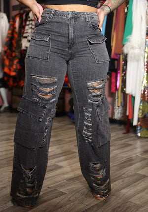 F.A.S.T Boutique DISTRESSED WIDE CARGO PANTS
