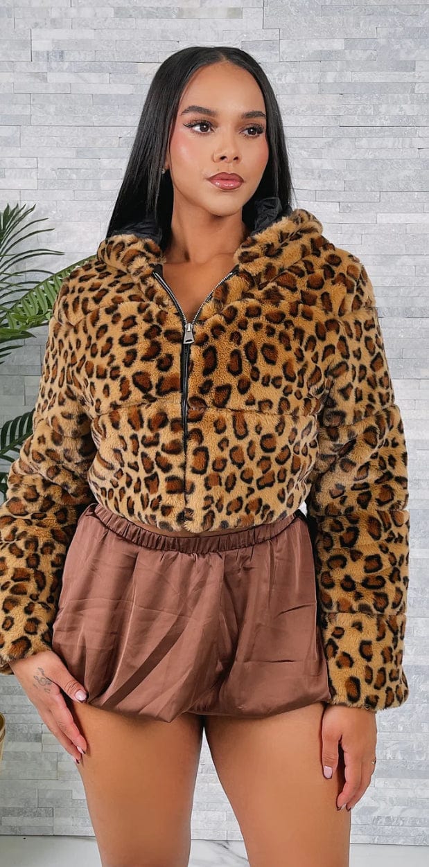 F.A.S.T Boutique FUR LEOPARD CROPPED W/HOODIE JACKET
