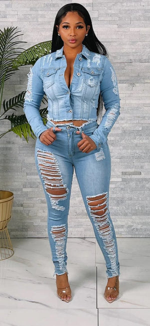 F.A.S.T Boutique HEAVY DISTRESSED JACKET&PANTS SET
