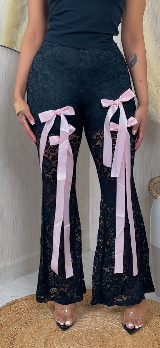 F.A.S.T Boutique HW BOW DETAIL FLARE LACE PANTS