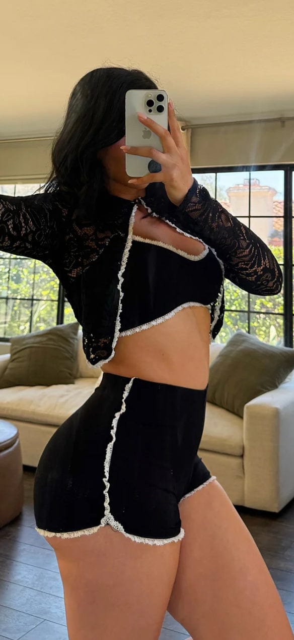 F.A.S.T Boutique LACE TRIM TOP, SHORTS & LACE CARDIGAN 3PC SET(Pre-Order)