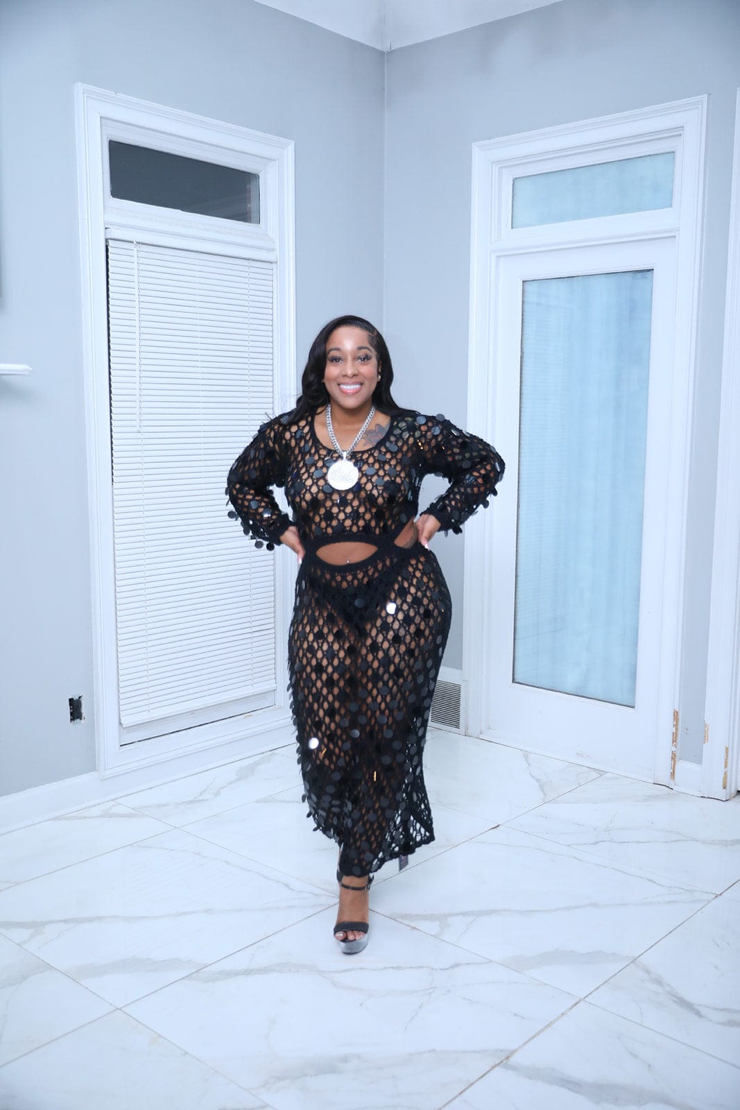 F.A.S.T Boutique LONG SLEEVE NETTED DRESS W/SEQUIN