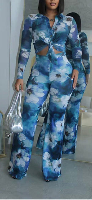 F.A.S.T Boutique MESH PRINT LS COLLAR TOP & PANTS SET(Pre-Order)