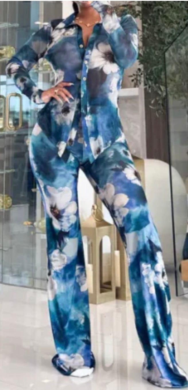 F.A.S.T Boutique MESH PRINT LS COLLAR TOP & PANTS SET(Pre-Order)