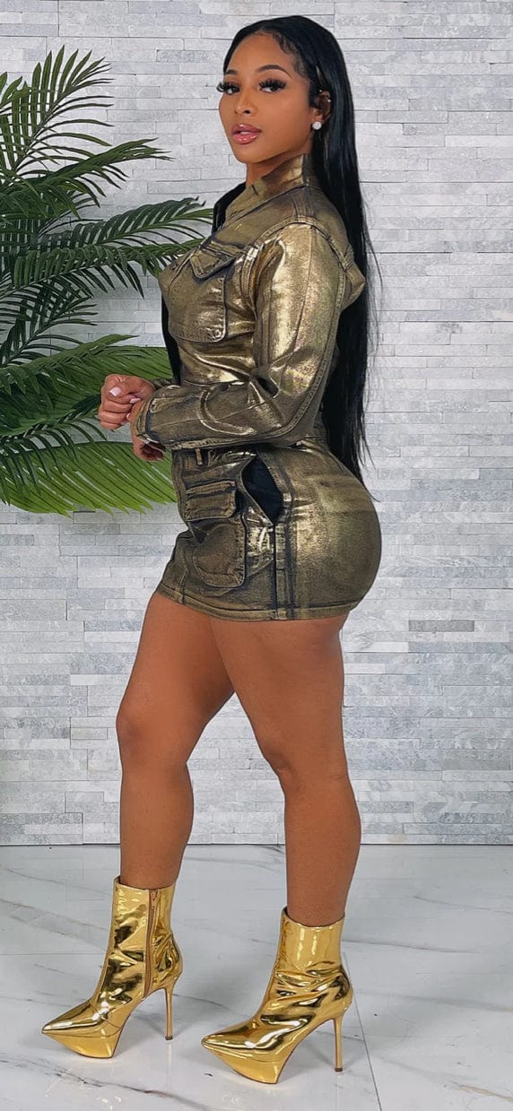 F.A.S.T Boutique METALLIC DENIM CROP JACKET&SKIRT SET