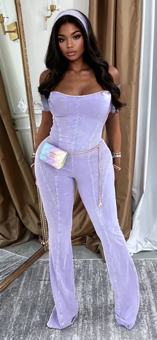 F.A.S.T Boutique MINERAL WASH FLARE JUMPSUIT WITH HEADBAND