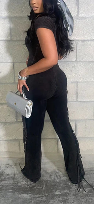 F.A.S.T Boutique MINERAL WASH FRINGE JUMPSUIT