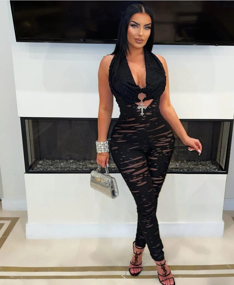 F.A.S.T Boutique O-RING CROSS TRIM HALTER JUMPSUIT