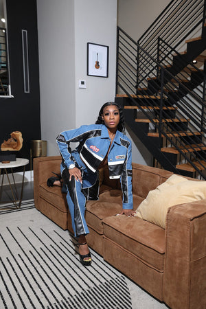 F.A.S.T Boutique PU CONTRAST DENIM JACKET & PANTS SET