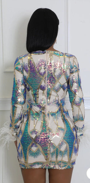 F.A.S.T Boutique SEQUINS V NECK LS MINI DRESS
