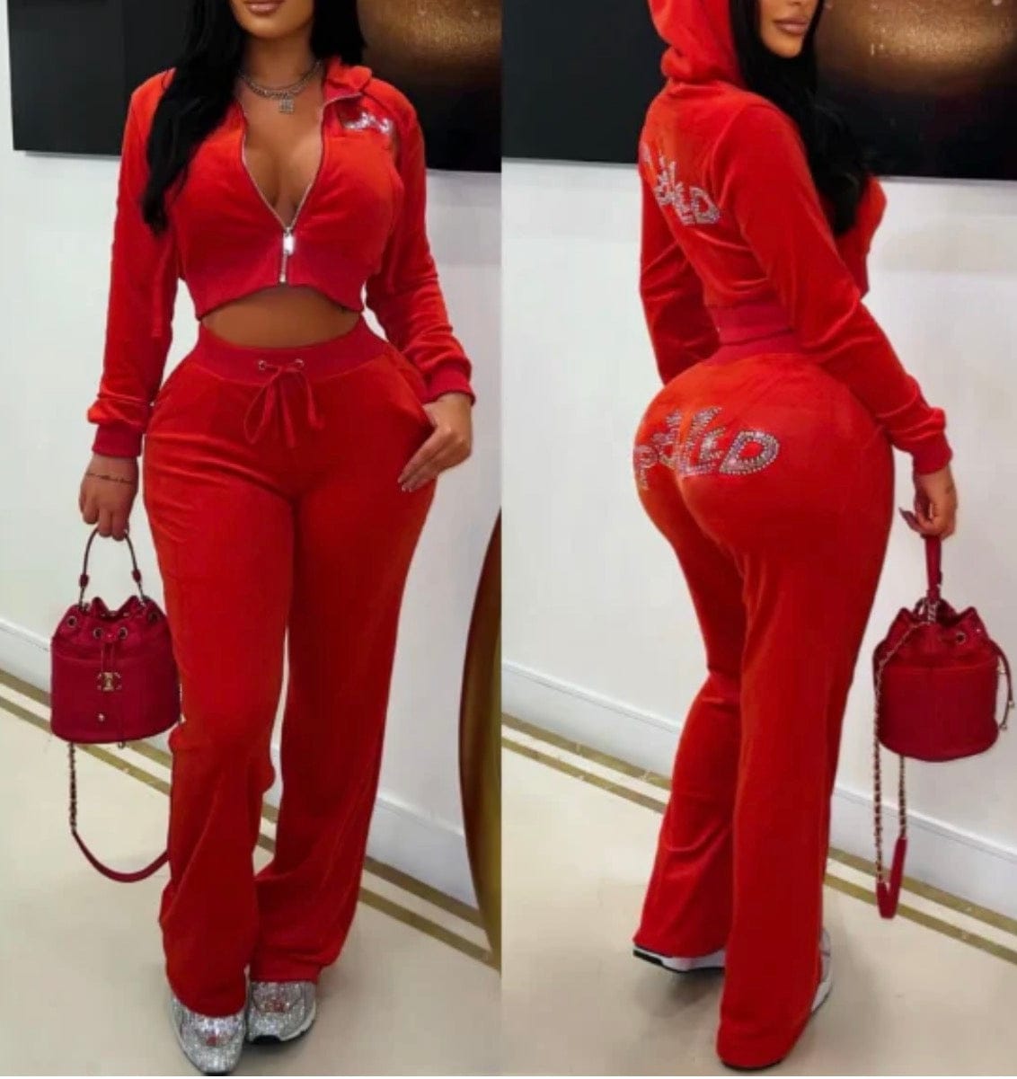 F.A.S.T Boutique VELVET STONE DETAIL JACKET & PANTS SET(Pre-Order)